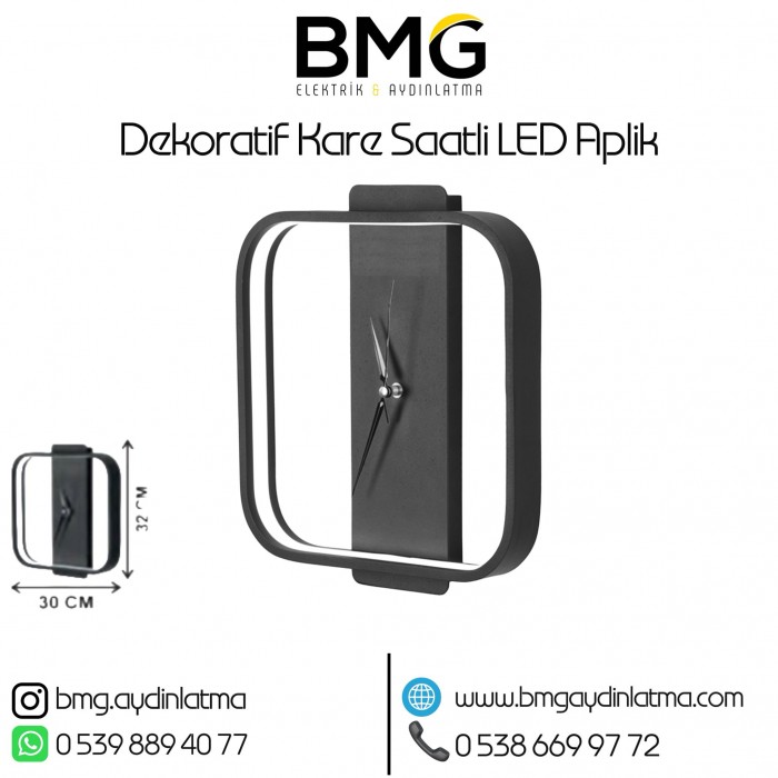 Kare Dekoratif Saat'li LED Aplik