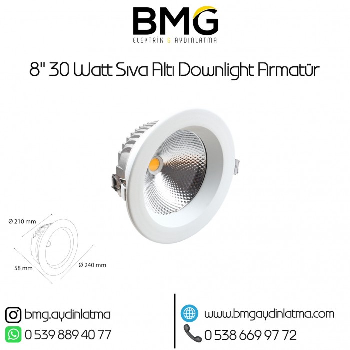 8 inç 30 Watt Sıva Altı Downlight Armatür