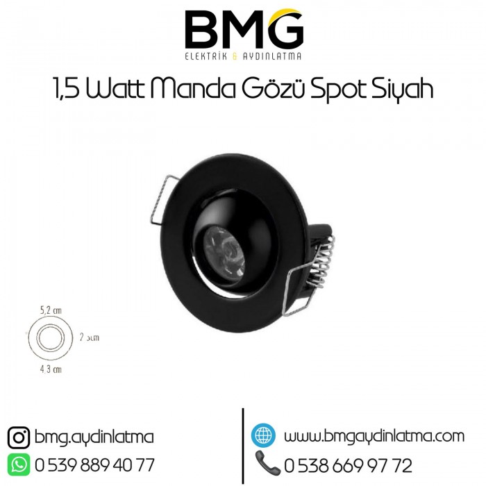 1,5 Watt Hareketli Manda Gözü Spot Siyah Kasa